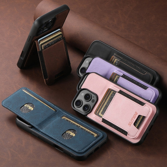 For iPhone 16e Suteni H03 Litchi Leather Card Bag Stand Back Phone Case(Pink)