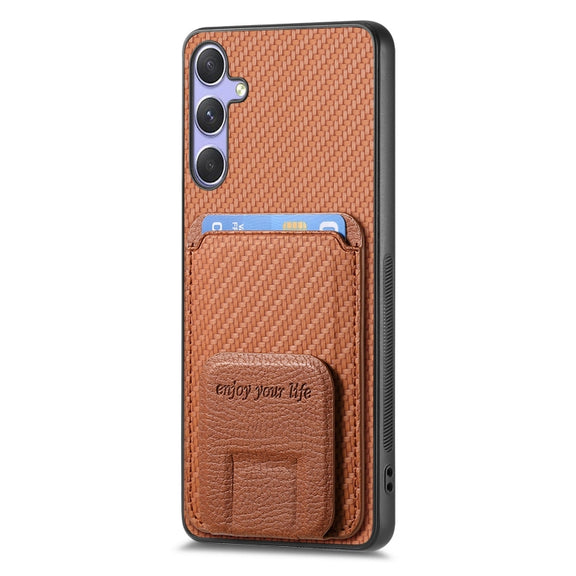 For Samsung Galaxy S25 5G Carbon Fiber Card Bag Fold Stand Phone Case(Brown)