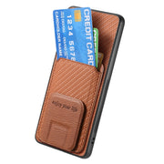 For Samsung Galaxy S25 5G Carbon Fiber Card Bag Fold Stand Phone Case(Brown)