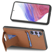 For Samsung Galaxy S25 5G Carbon Fiber Card Bag Fold Stand Phone Case(Brown)