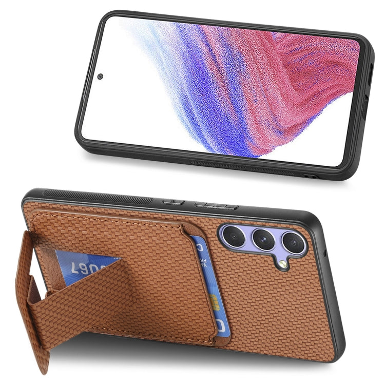 For Samsung Galaxy S25 5G Carbon Fiber Card Bag Fold Stand Phone Case(Brown)