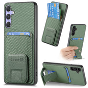 For Samsung Galaxy S25+ 5G Carbon Fiber Card Bag Fold Stand Phone Case(Green)