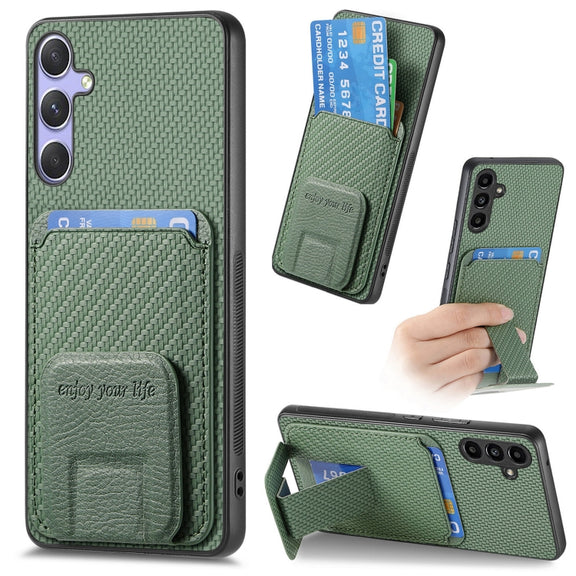 For Samsung Galaxy S25+ 5G Carbon Fiber Card Bag Fold Stand Phone Case(Green)