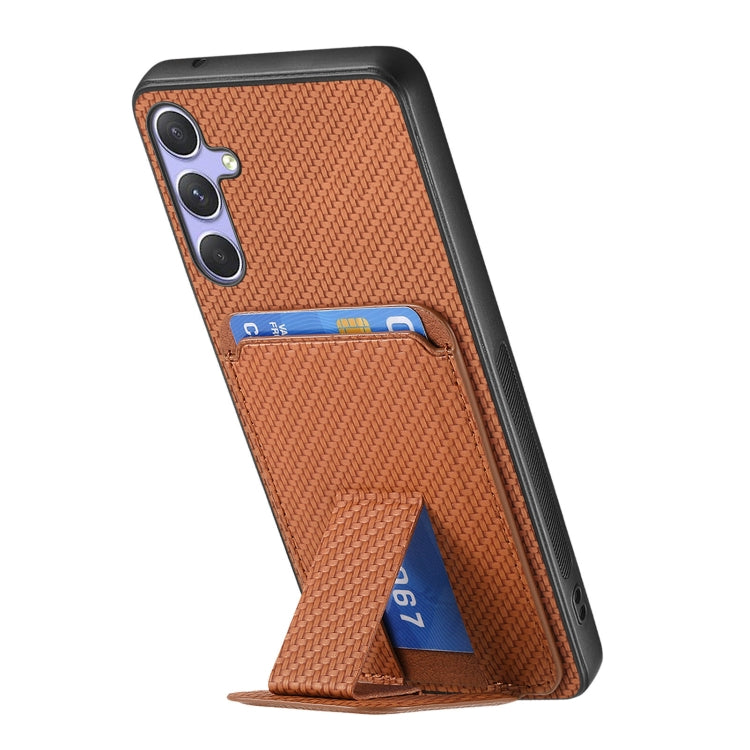 For Samsung Galaxy S25 Ultra 5G Carbon Fiber Card Bag Fold Stand Phone Case(Brown)