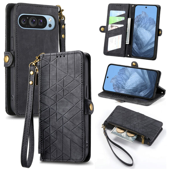 For Google Pixel 9 Geometric Zipper Wallet Side Buckle Leather Phone Case(Black)
