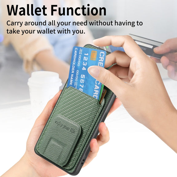 For OPPO Reno6 Pro 5G Carbon Fiber Card Bag Fold Stand Phone Case(Green)