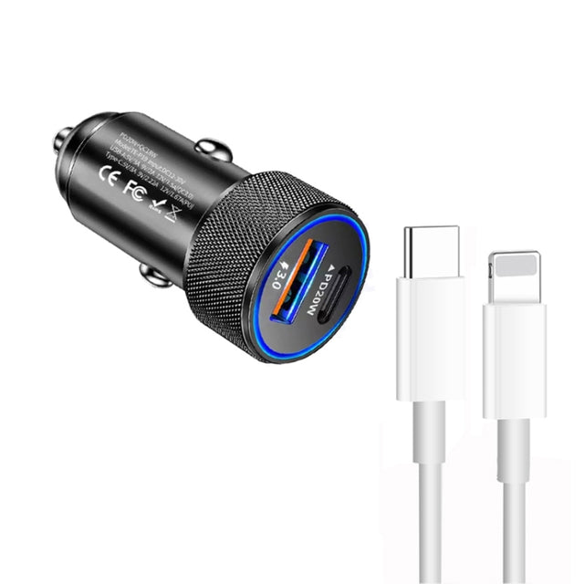 P19 Metal PD20W USB-C + QC18W USB Car Charger with Type-C to 8 Pin Date Cable(Black)