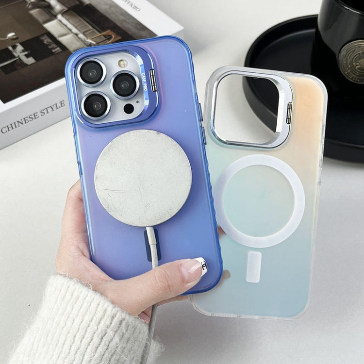 For iPhone 15 Pro Max MagSafe Lens Holder PC Hybrid TPU Phone Case(Blue)