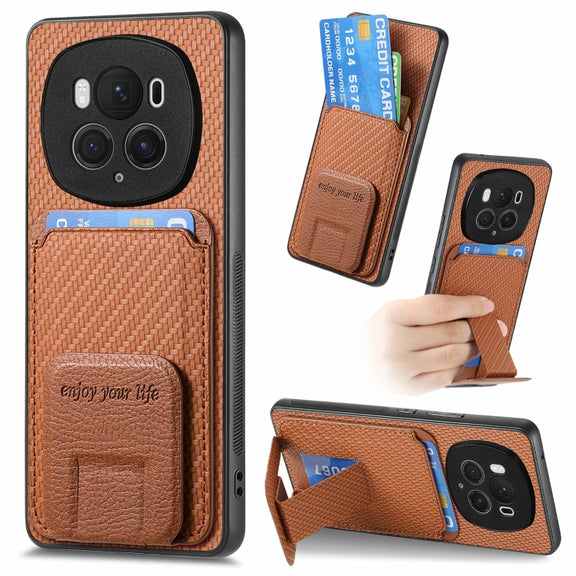 For Honor Magic6 Pro Carbon Fiber Card Bag Fold Stand Phone Case(Brown)