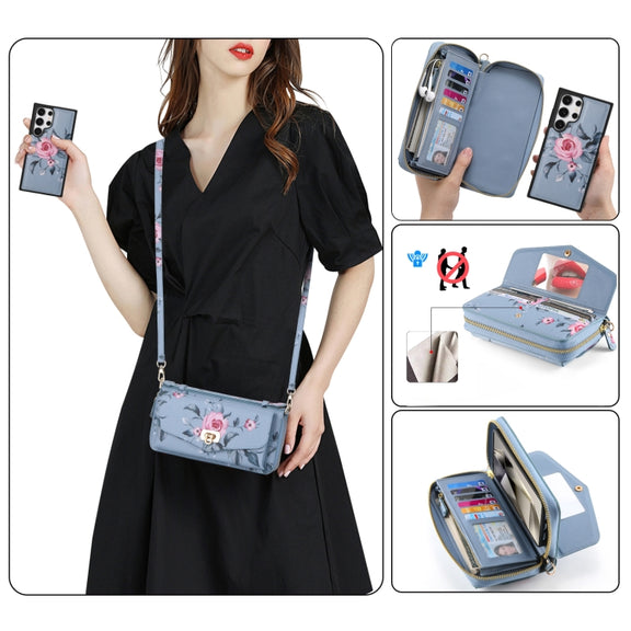 For Samsung Galaxy S24+ 5G Flower Multi-functional Crossbody Zipper Wallet Leather Phone Case(Blue)