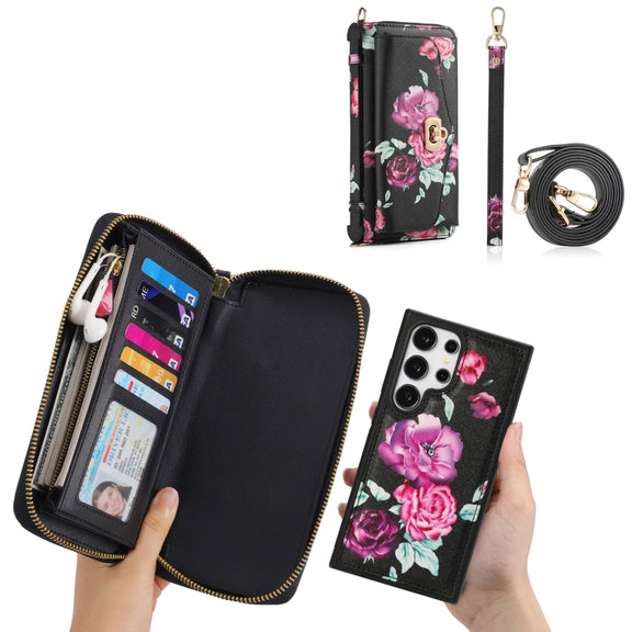 For Samsung Galaxy S24 Ultra 5G Flower Multi-functional Crossbody Zipper Wallet Leather Phone Case(Black)