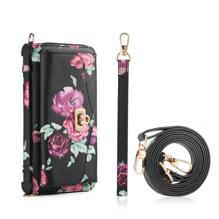 For Samsung Galaxy S24 Ultra 5G Flower Multi-functional Crossbody Zipper Wallet Leather Phone Case(Black)