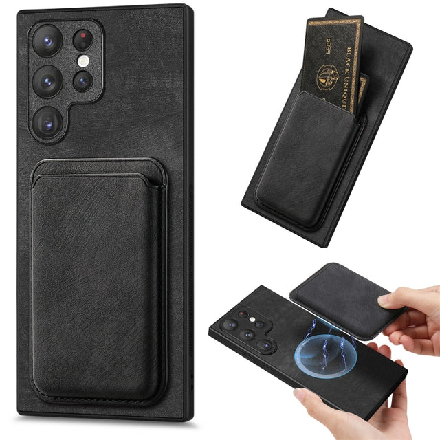 For Samsung Galaxy S22 Ultra 5G Retro Leather Card Bag Magnetic Phone Case(Black)