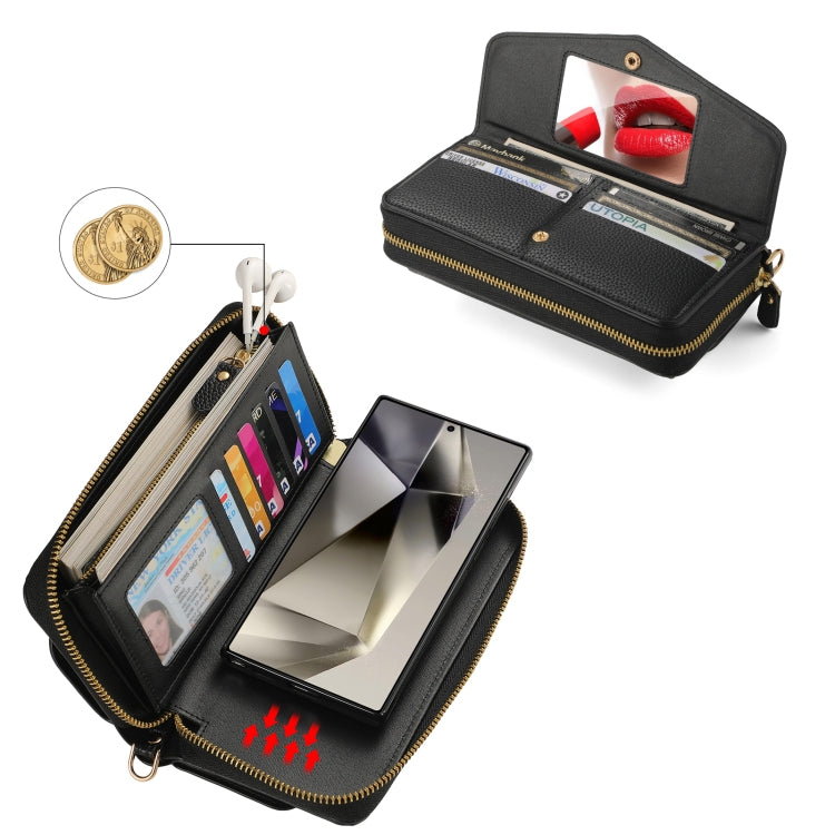 For Samsung Galaxy S24 Ultra 5G Crossbody Multi-functional Zipper Wallet Litchi Leather Phone Case(Black)