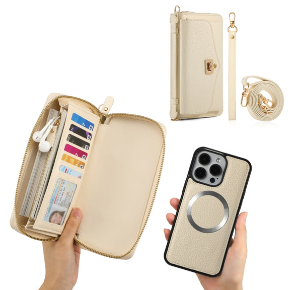 For iPhone 15 Pro Max MagSafe Crossbody Multi-functional Zipper Wallet Litchi Leather Phone Case(White)