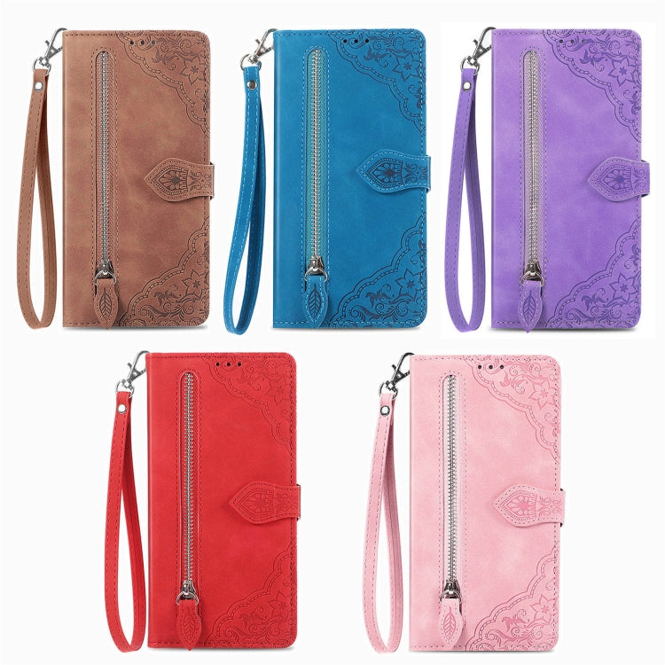 For Blackview A96 Embossed Flower Zipper Leather Phone Case(Pink)