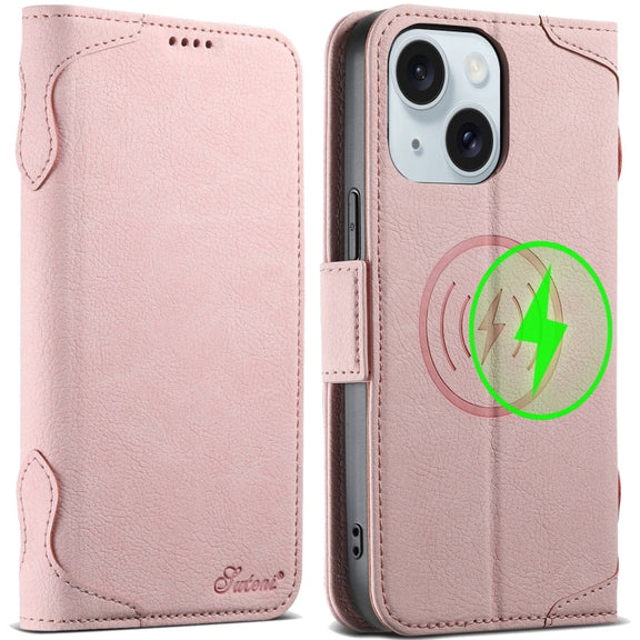 For iPhone 15 SUTENI J07 Multifunctional Horizontal Flip Magsafe Leather Phone Case(Pink)