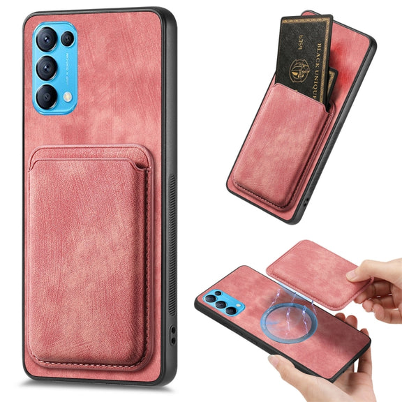 For OPPO Reno5 5G Retro Leather Card Bag Magnetic Phone Case(Pink)