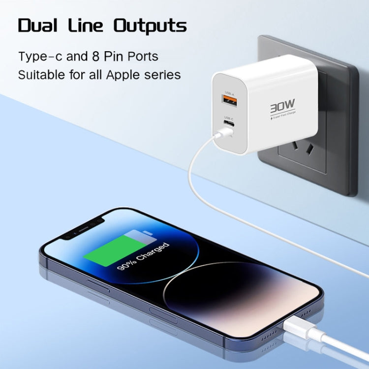 PD30W USB-C / Type-C + 8 Pin + USB Charger with Type-C to 8 Pin Date Cable(US Plug)
