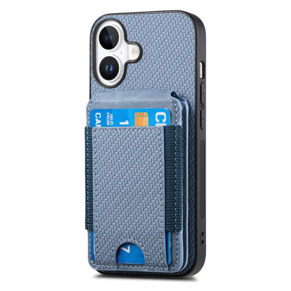 For iPhone 16 Carbon Fiber Vertical Flip Wallet Stand Phone Case(Blue)