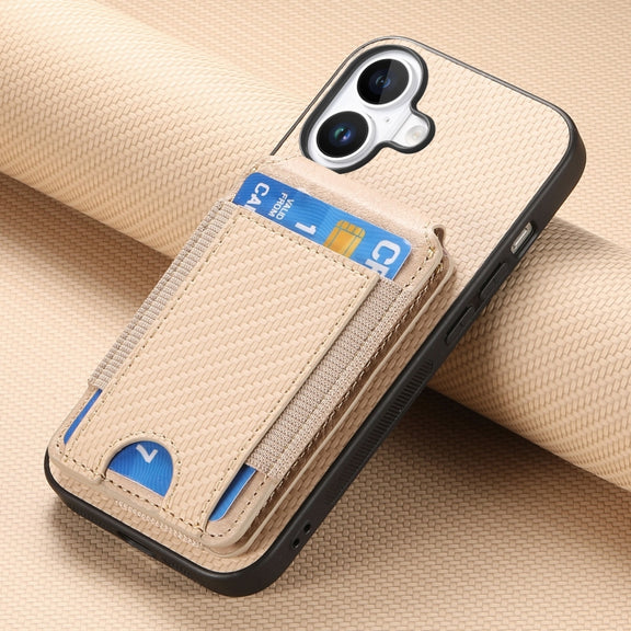 For iPhone 16 Plus Carbon Fiber Vertical Flip Wallet Stand Phone Case(Khaki)