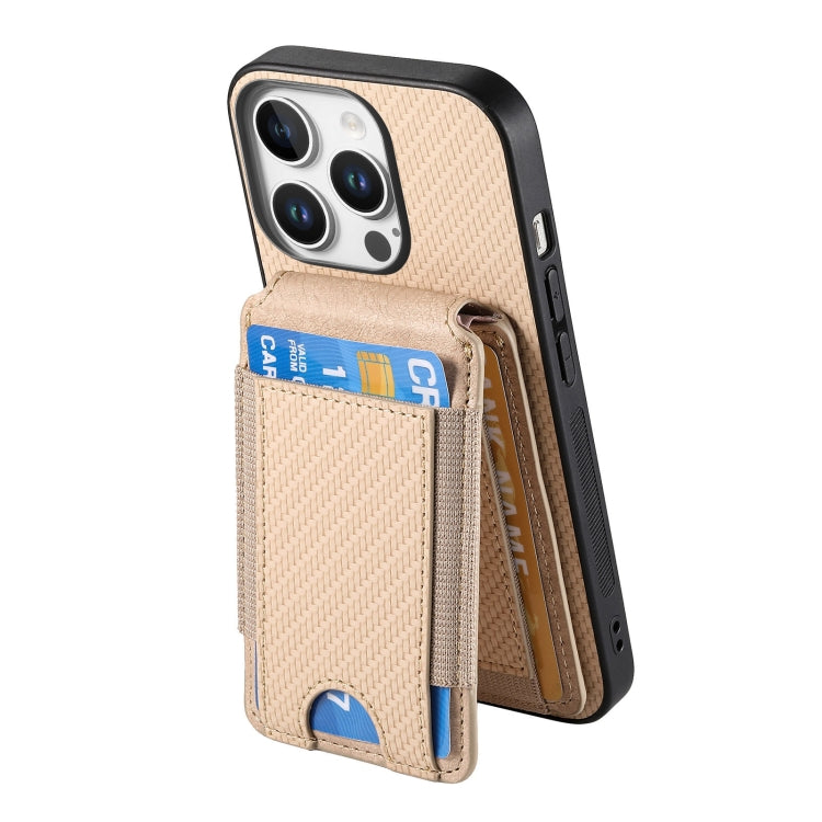 For iPhone 16 Pro Carbon Fiber Vertical Flip Wallet Stand Phone Case(Khaki)