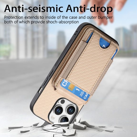 For iPhone 16 Pro Carbon Fiber Vertical Flip Wallet Stand Phone Case(Khaki)