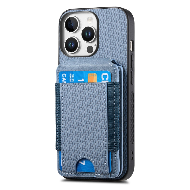 For iPhone 16 Pro Max Carbon Fiber Vertical Flip Wallet Stand Phone Case(Blue)