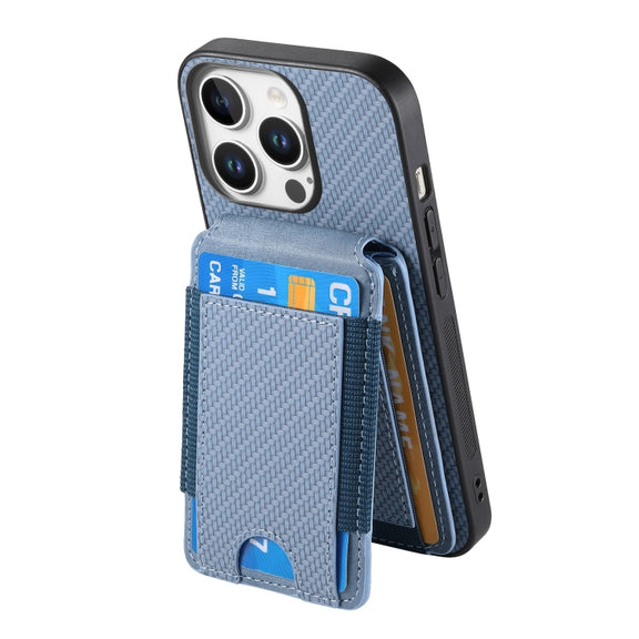 For iPhone 16 Pro Max Carbon Fiber Vertical Flip Wallet Stand Phone Case(Blue)