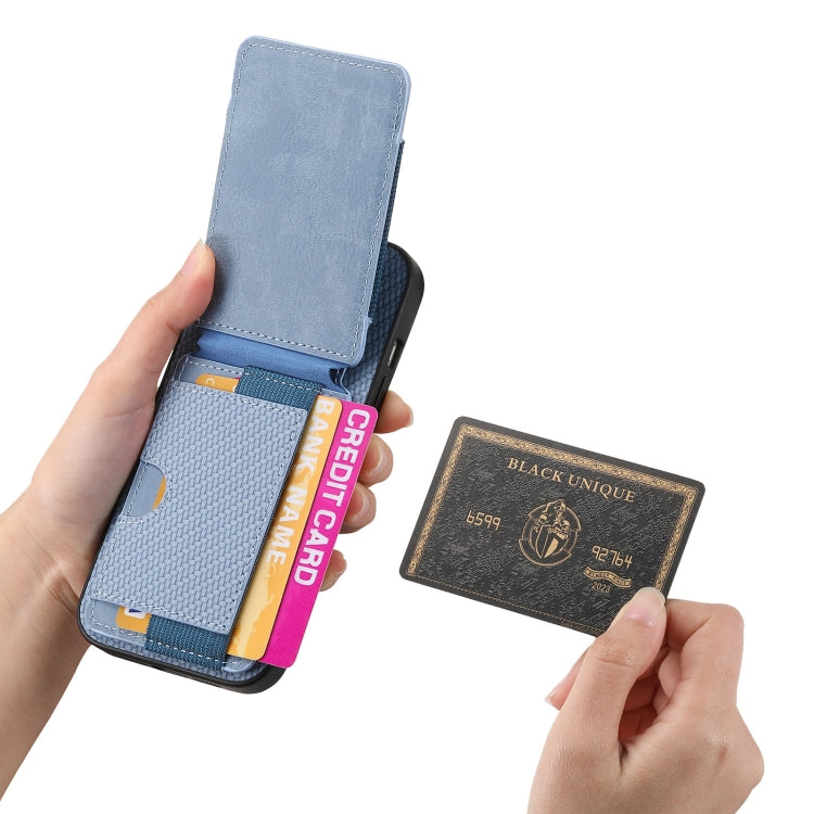 For iPhone 16 Pro Max Carbon Fiber Vertical Flip Wallet Stand Phone Case(Blue)