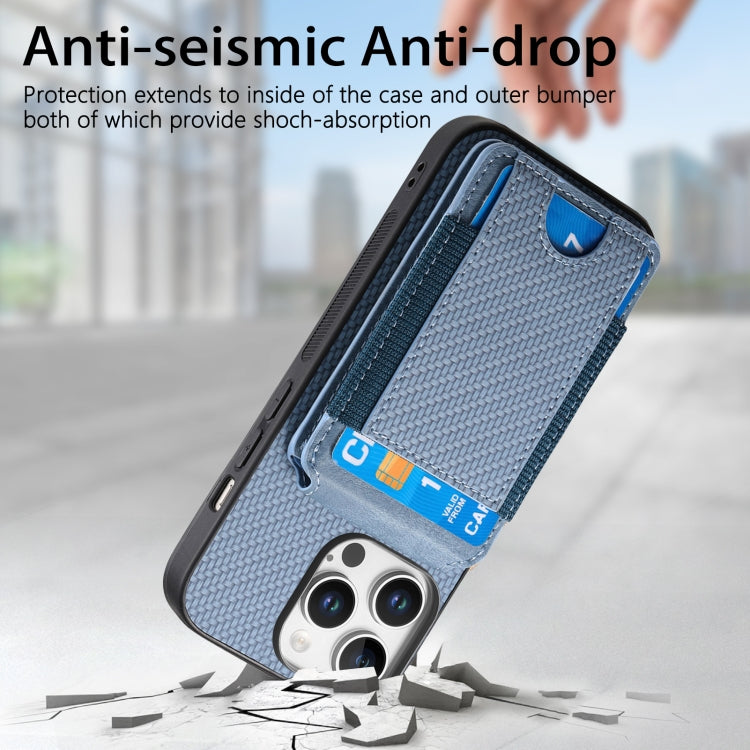 For iPhone 16 Pro Max Carbon Fiber Vertical Flip Wallet Stand Phone Case(Blue)