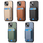 For iPhone 16 Plus Carbon Fiber Vertical Flip Wallet Stand Phone Case(Khaki)