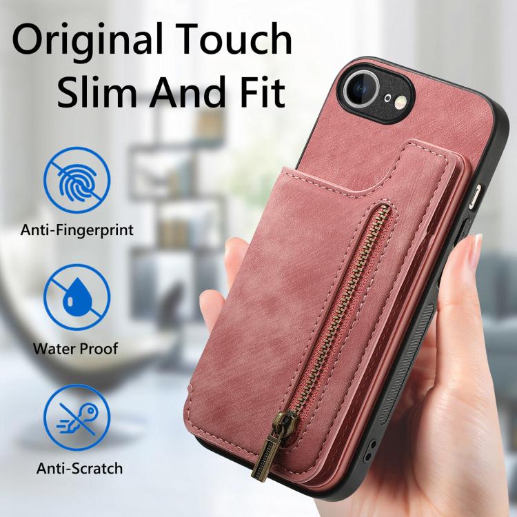 For iPhone 16e Retro Leather Zipper Wallet Back Phone Case(Pink)