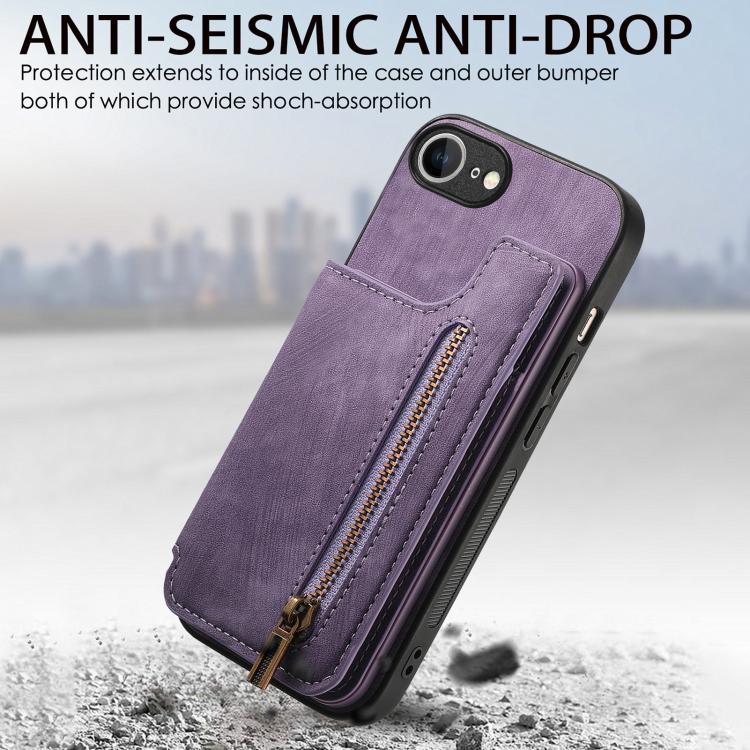 For iPhone 16e Retro Leather Zipper Wallet Back Phone Case(Purple)