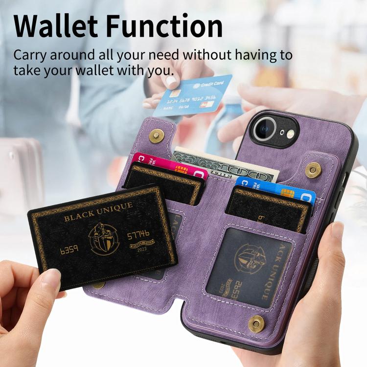 For iPhone 16e Retro Leather Zipper Wallet Back Phone Case(Purple)