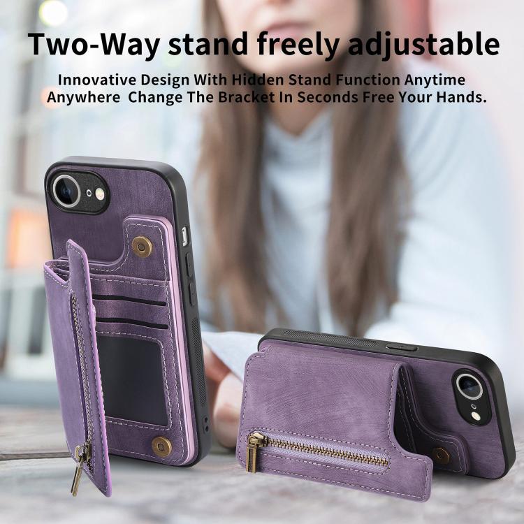 For iPhone 16e Retro Leather Zipper Wallet Back Phone Case(Purple)
