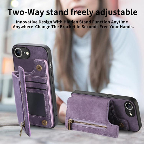 For iPhone 16e Retro Leather Zipper Wallet Back Phone Case(Purple)