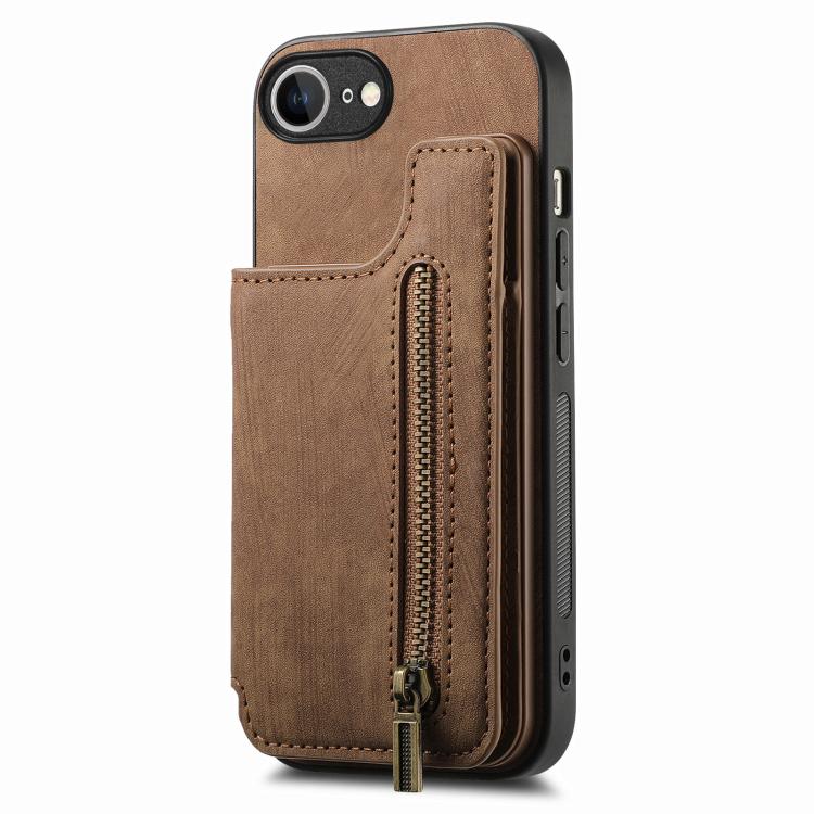 For iPhone 16e Retro Leather Zipper Wallet Back Phone Case(Brown)