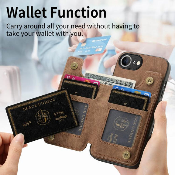 For iPhone 16e Retro Leather Zipper Wallet Back Phone Case(Brown)