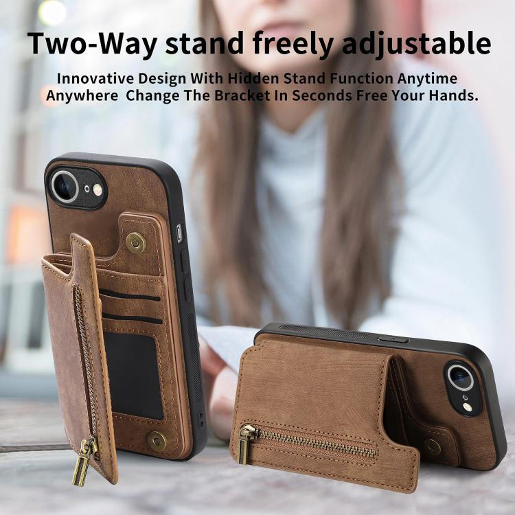 For iPhone 16e Retro Leather Zipper Wallet Back Phone Case(Brown)