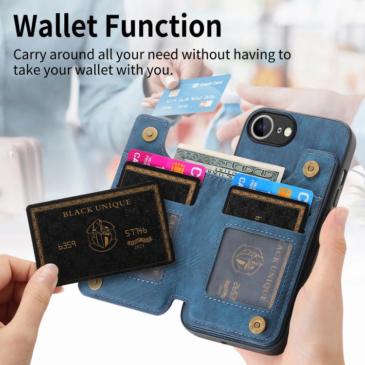 For iPhone 16e Retro Leather Zipper Wallet Back Phone Case(Blue)