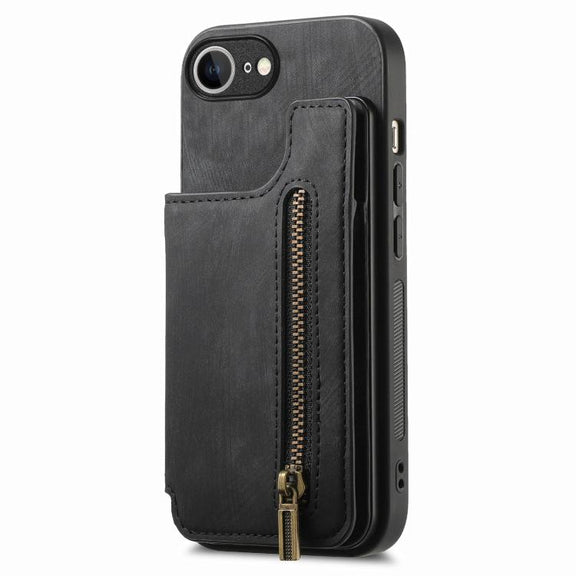 For iPhone 16e Retro Leather Zipper Wallet Back Phone Case(Black)