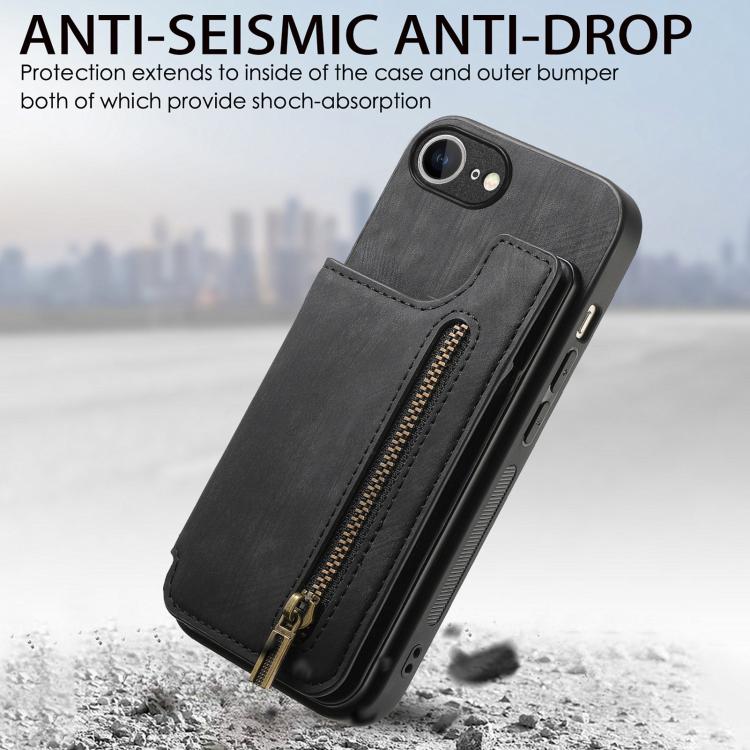 For iPhone 16e Retro Leather Zipper Wallet Back Phone Case(Black)