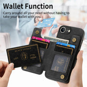 For iPhone 16e Retro Leather Zipper Wallet Back Phone Case(Black)