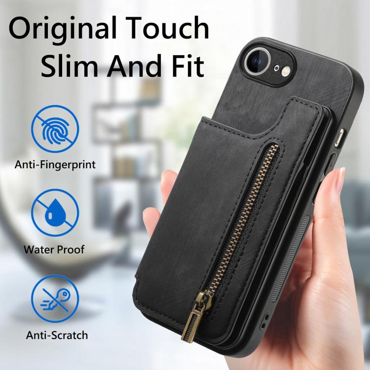 For iPhone 16e Retro Leather Zipper Wallet Back Phone Case(Black)
