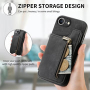 For iPhone 16e Retro Leather Zipper Wallet Back Phone Case(Black)