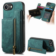 For iPhone 16e Retro Leather Zipper Wallet Back Phone Case(Green)