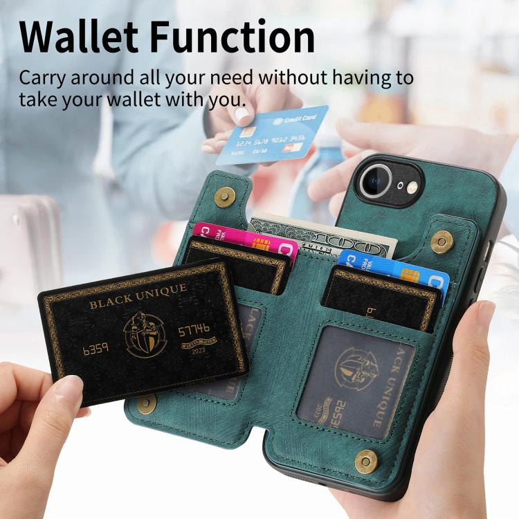 For iPhone 16e Retro Leather Zipper Wallet Back Phone Case(Green)