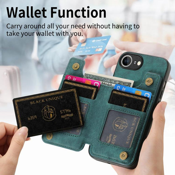 For iPhone 16e Retro Leather Zipper Wallet Back Phone Case(Green)