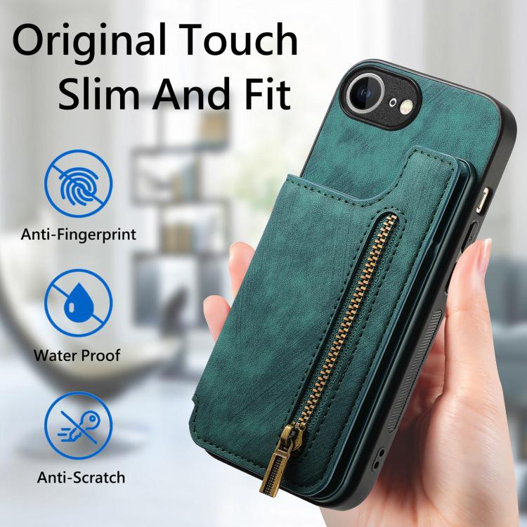 For iPhone 16e Retro Leather Zipper Wallet Back Phone Case(Green)